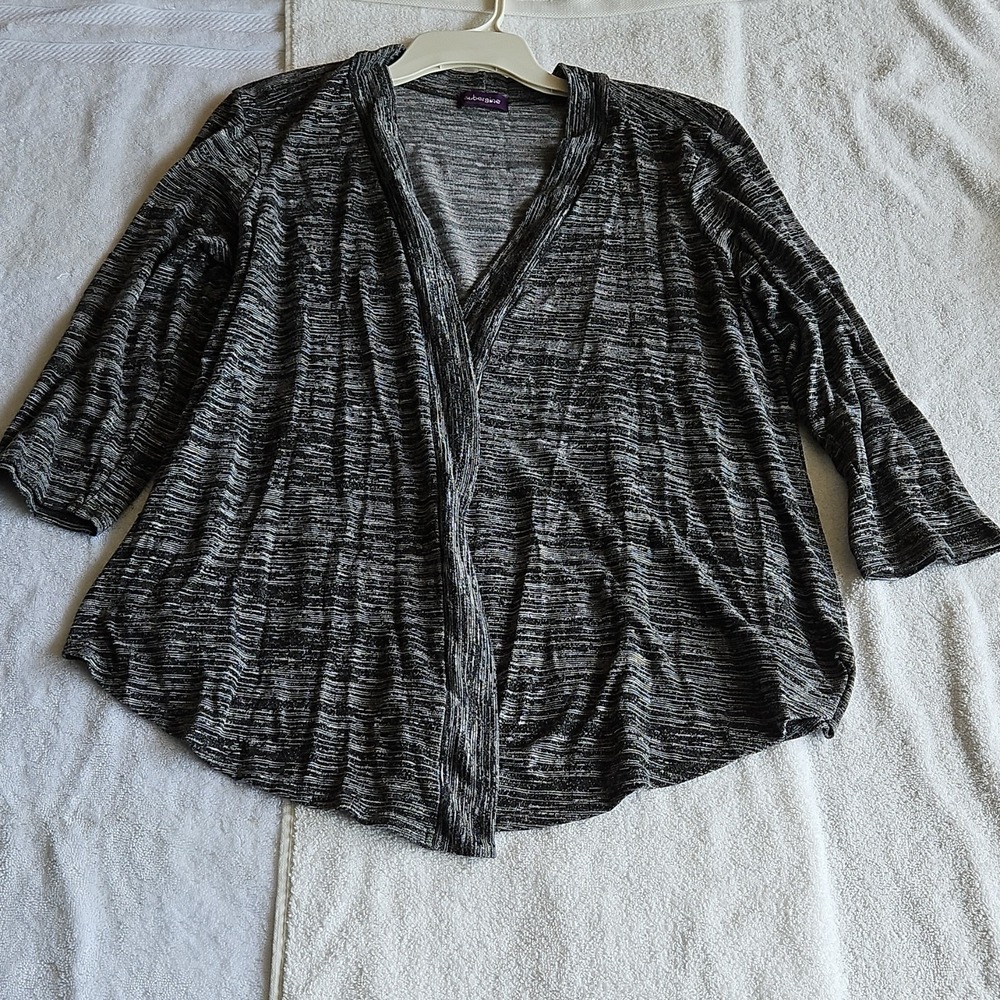 aubergine Striped Knit Open Cardigan Sweater Gray Black 3/4‎ Sleeve Women